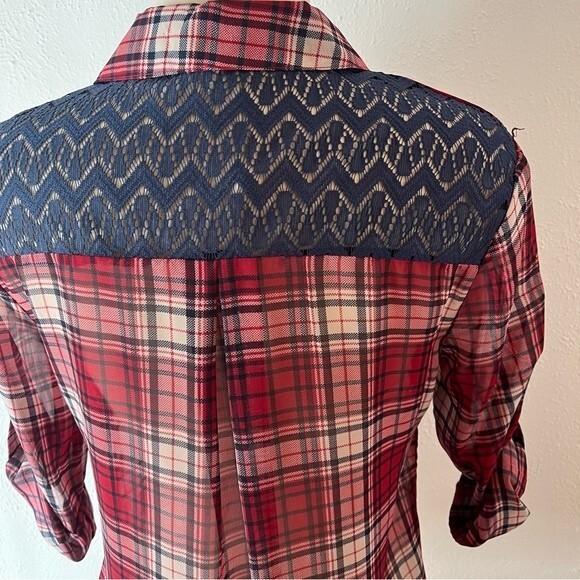 Xhilaration Sheer Pink Plaid Rolled Tab Long Sleeve Button Down Collared Shirt - Picture 5 of 5